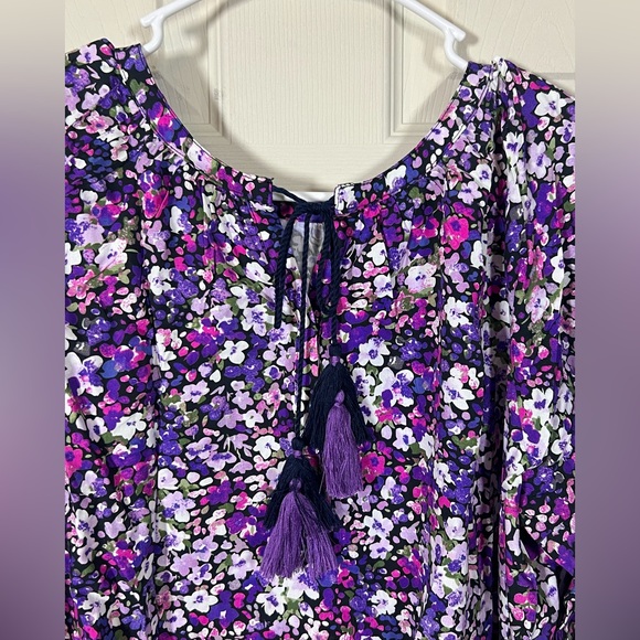 Purple Ditsy Floral Boho Blouse Tassel Tie Neck Flowy Top - Picture 4 of 9